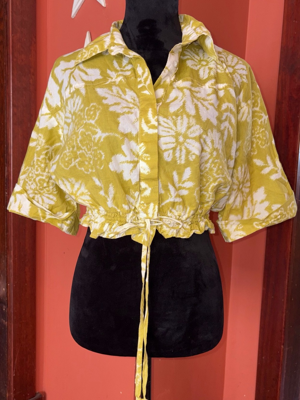 Floral Cropped Button-Up Top with Drawstring